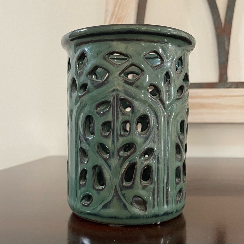 Handmade Pottery with Cutout Design, Beautiful Green Finish
